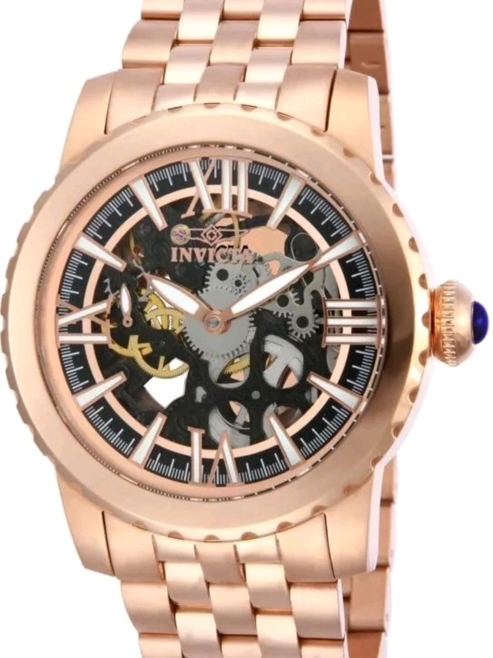 Invicta Rose Gold Skeleton Mechanical Watch with Blue Crown Accent 50mm